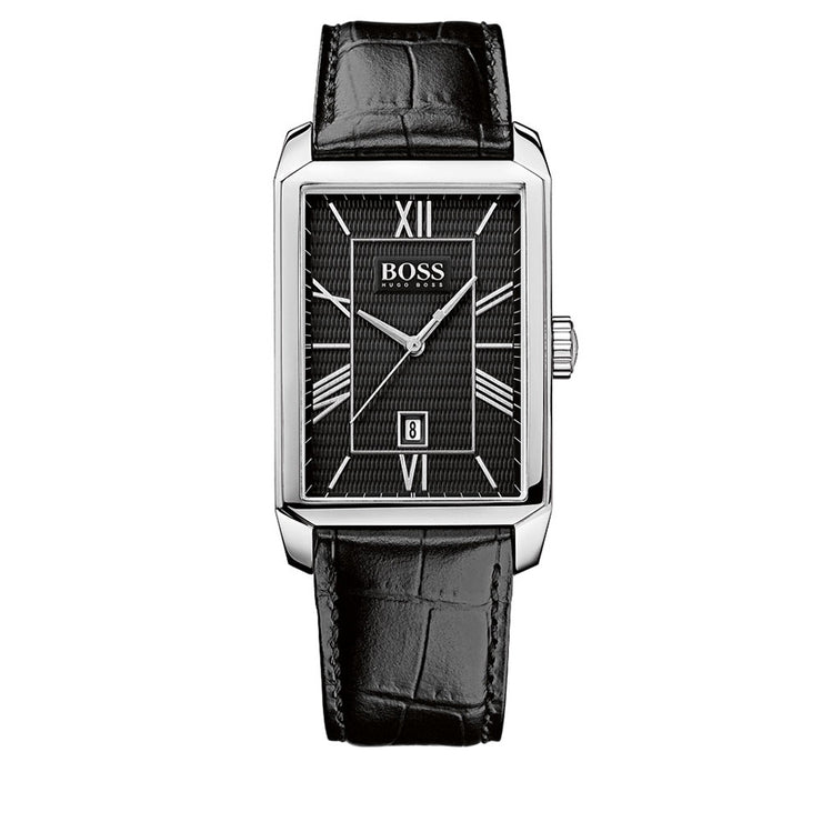 Hugo Boss Watch 1512968- Black Leather with Rectangular Black Dial Men Watch