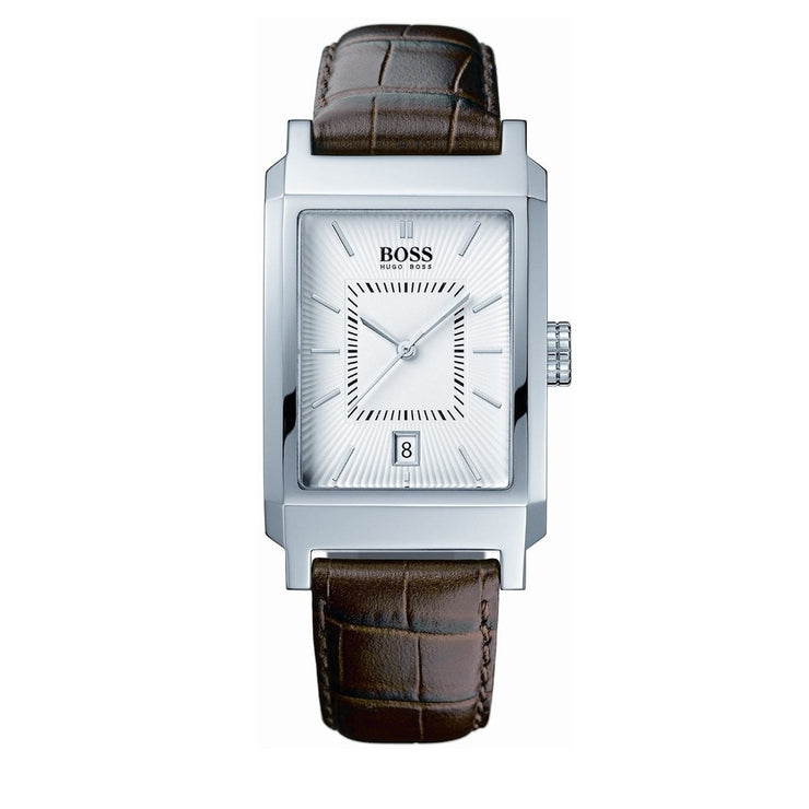Hugo Boss Watch 1512227- Dark Brown Leather with Rectangular Silver Dial Men Watch