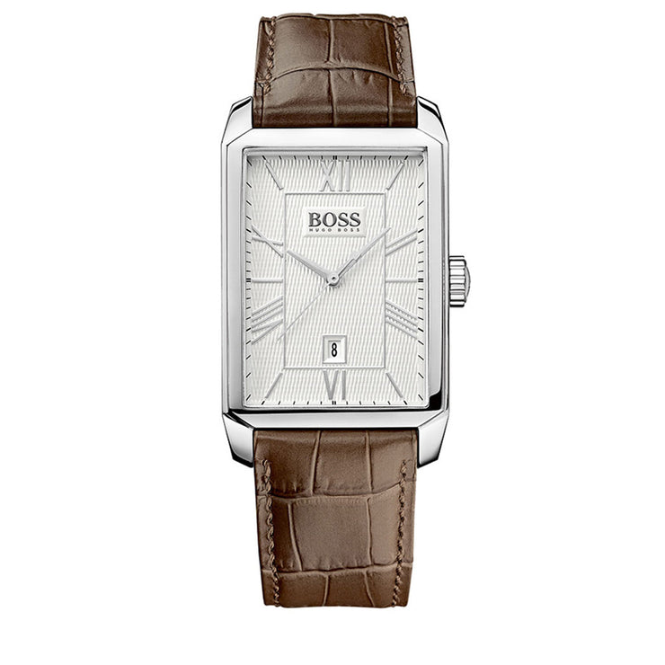 Hugo Boss Watch 1512967- Brown Leather with Rectangular Silver Dial Men Watch