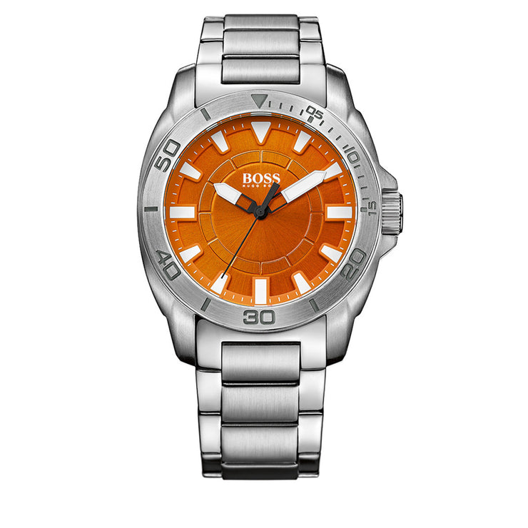 Hugo Boss Watch 1512947- Silver Stainless Steel with Round Orange Dial Men Watch