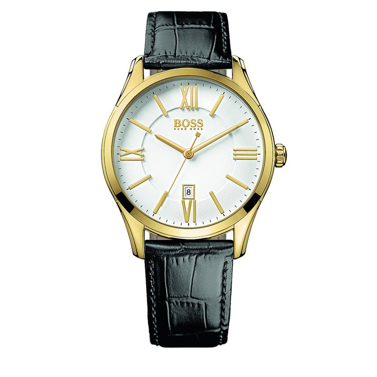 Hugo Boss Watch 1513020- Black Leather with Round White Dial Men Watch
