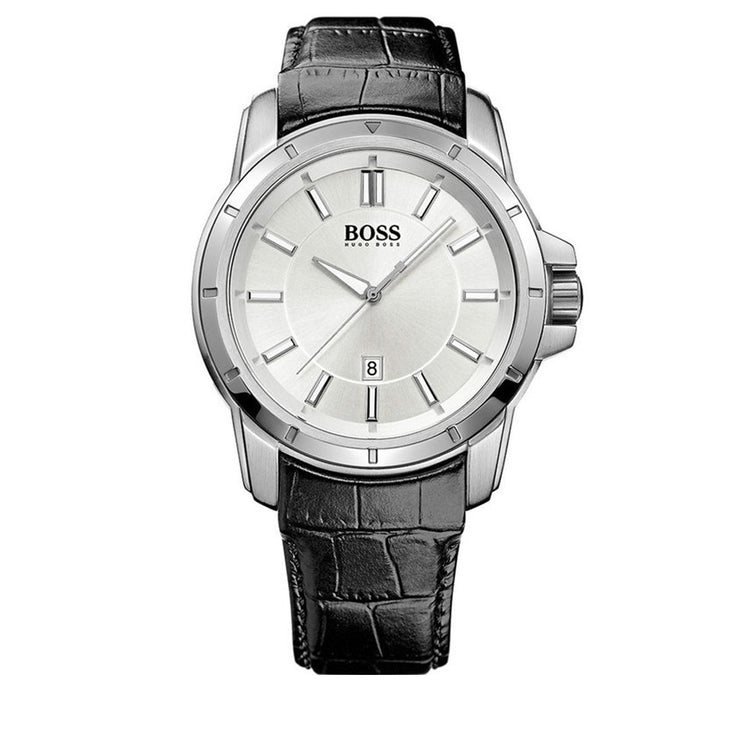 Hugo Boss Watch 1512923- Black Leather with Round Silver Dial Men Watch