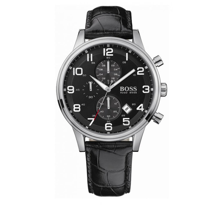Hugo Boss Watch 1512448- Black Leather with Round Black Dial Chronograph Men Watch