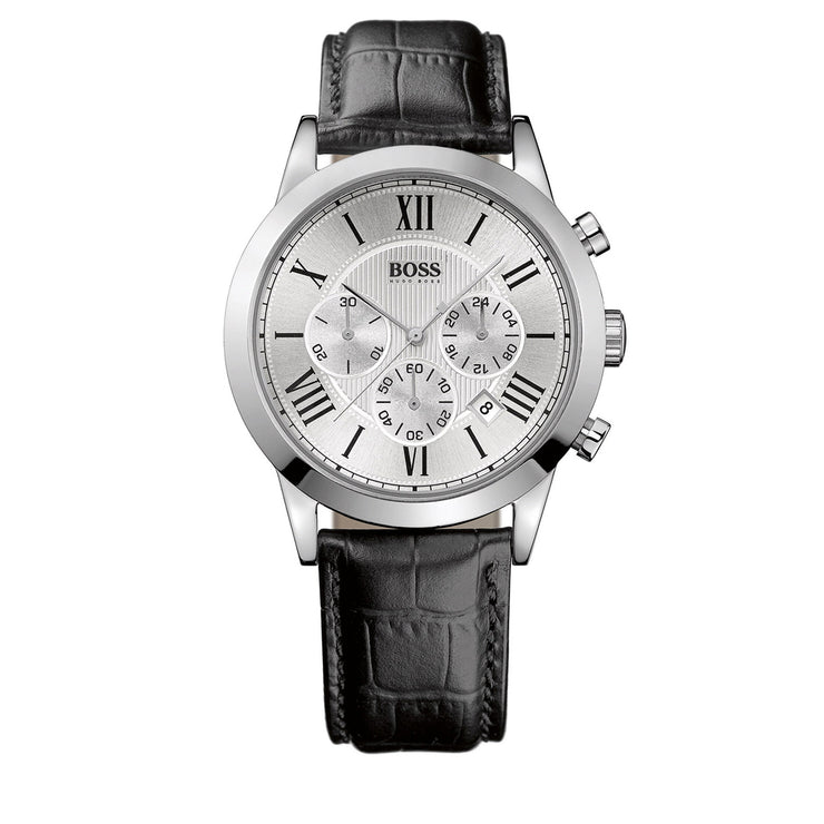 Hugo Boss Watch 1512573- Black Leather with Round Silver Dial Chronograph Men Watch