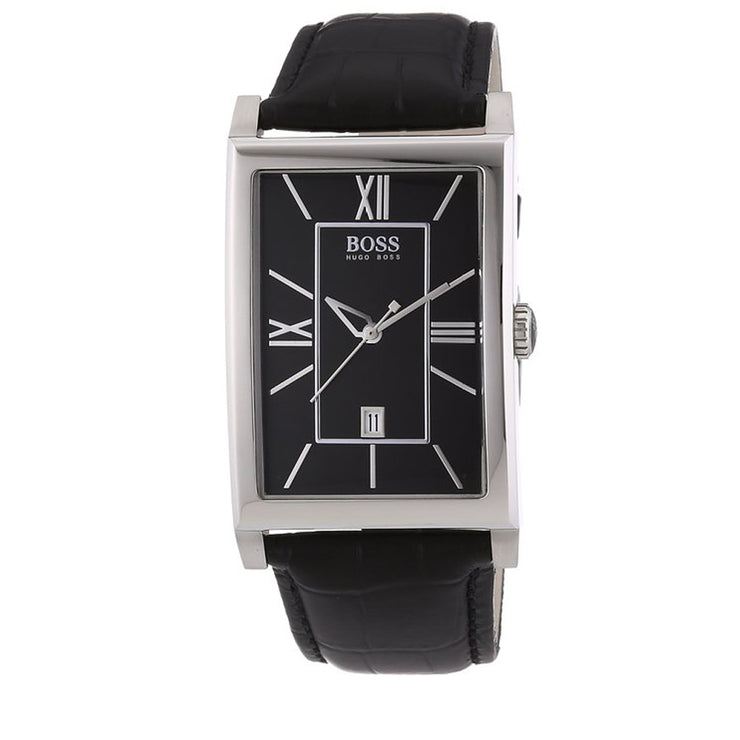Hugo Boss Watch 1512385- Black Leather with Rectangular Black Dial Men Watch