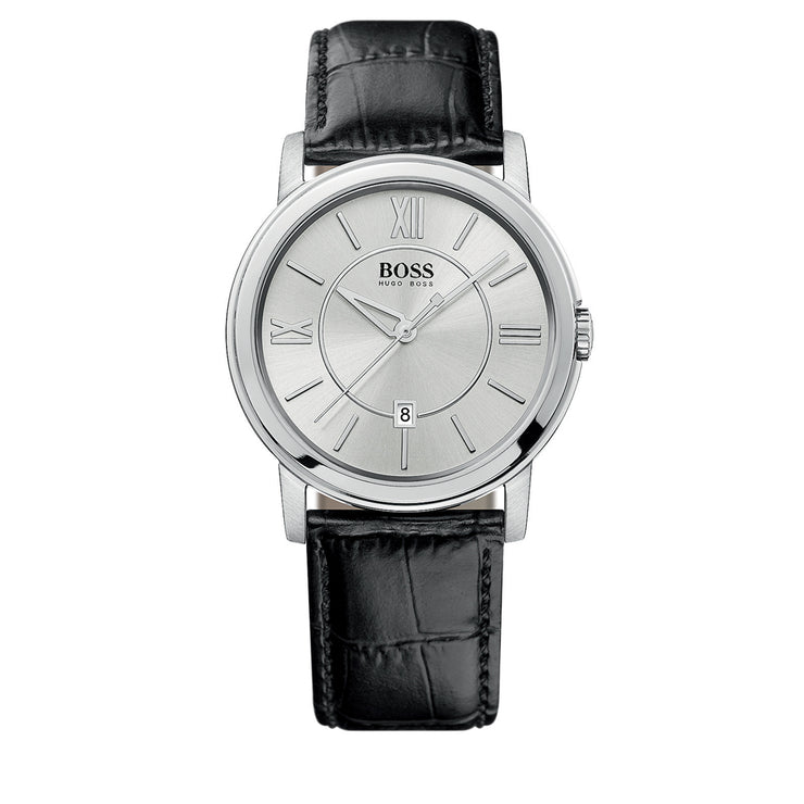Hugo Boss Watch 1512417- Black Leather with Round Silver Dial Men Watch
