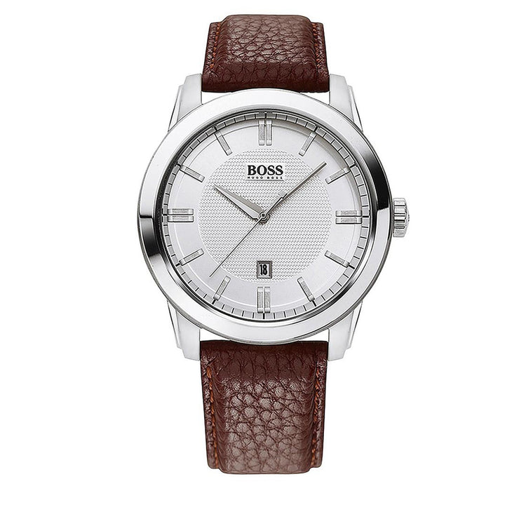 Hugo Boss Watch 1513017- Brown Leather with Round Silver Dial Men Watch