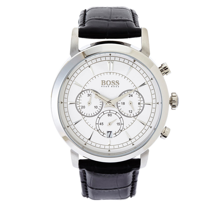 Hugo Boss Watch 1513062- Black Leather with Round White Dial Chronograph Men Watch