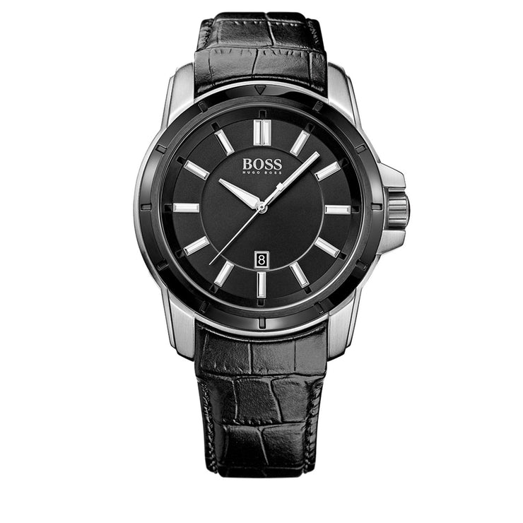 Hugo Boss Watch 1512922- Black Leather with Round Black Dial Men Watch
