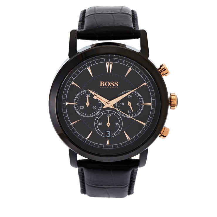 Hugo Boss Watch 1513064- Black Leather with Round Black Dial Men Watch