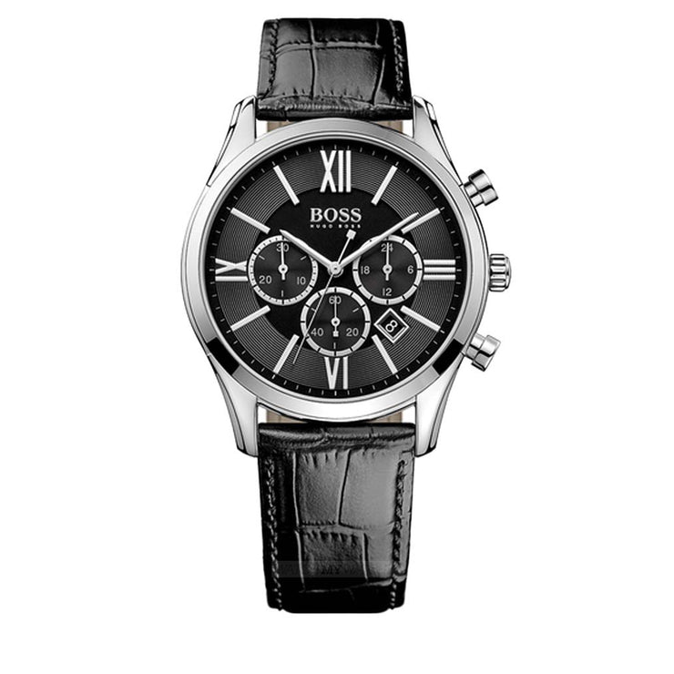 Hugo Boss Watch 1513194- Black Leather with Round Black Dial Chronograph Men Watch