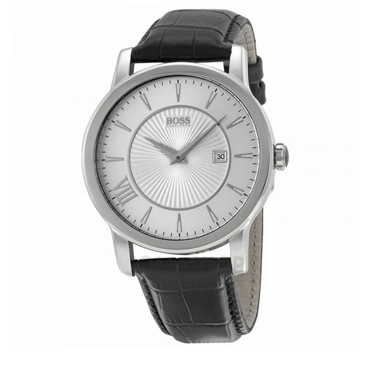 Hugo Boss Watch 1512839- Black Leather with Round Silver Dial Men Watch
