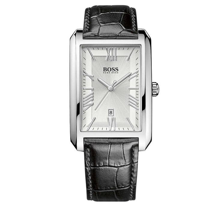 Hugo Boss Watch 1513027- Ambassador Black Leather with Rectangular Silver Dial Men Watch