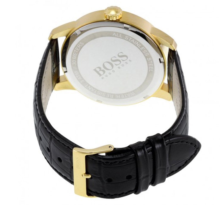 Hugo Boss Watch 1512972- Black Leather with Round White Dial Men Watch