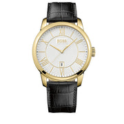 Hugo Boss Watch 1512972- Black Leather with Round White Dial Men Watch