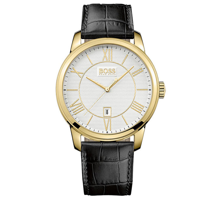 Hugo Boss Watch 1512972- Black Leather with Round White Dial Men Watch