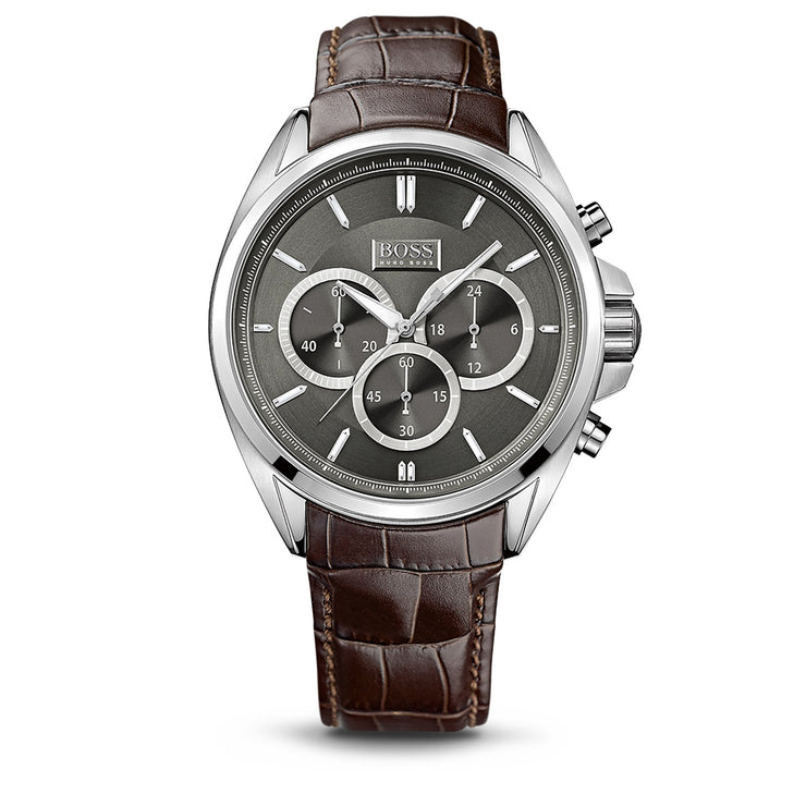 Hugo Boss Watch 1513035- Brown Leather with Round Black Dial Chronograph Men Watch