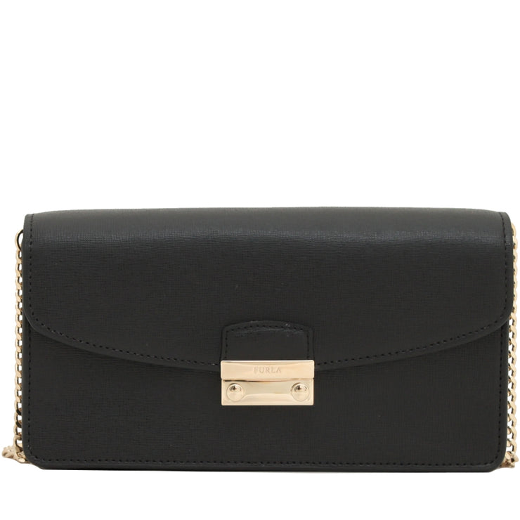 Furla Saffiano Leather Small Flap Bag with Chain- Onyx