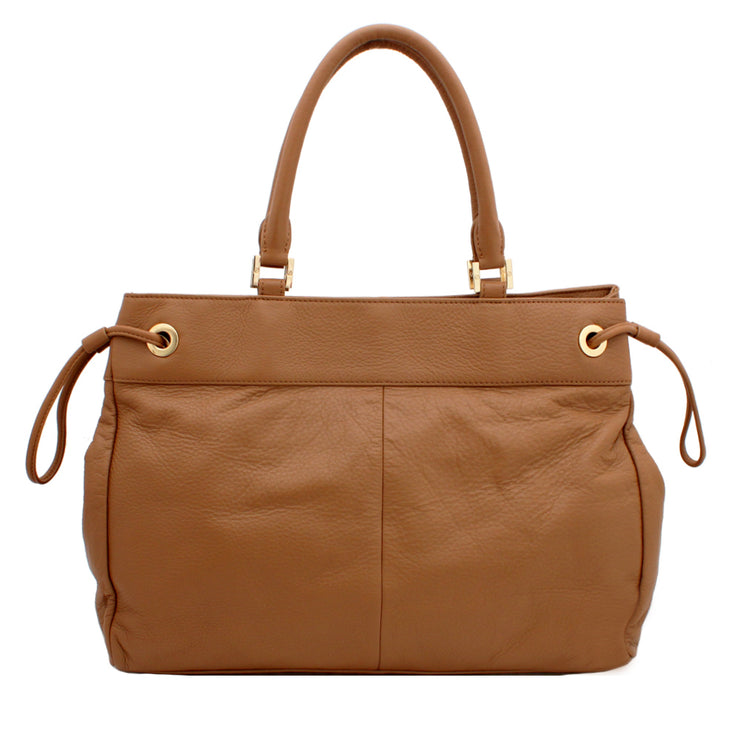 Tory Burch Stacked "T" Leather Tote Bag- Tan