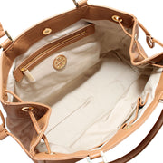 Tory Burch Stacked "T" Leather Tote Bag- Tan