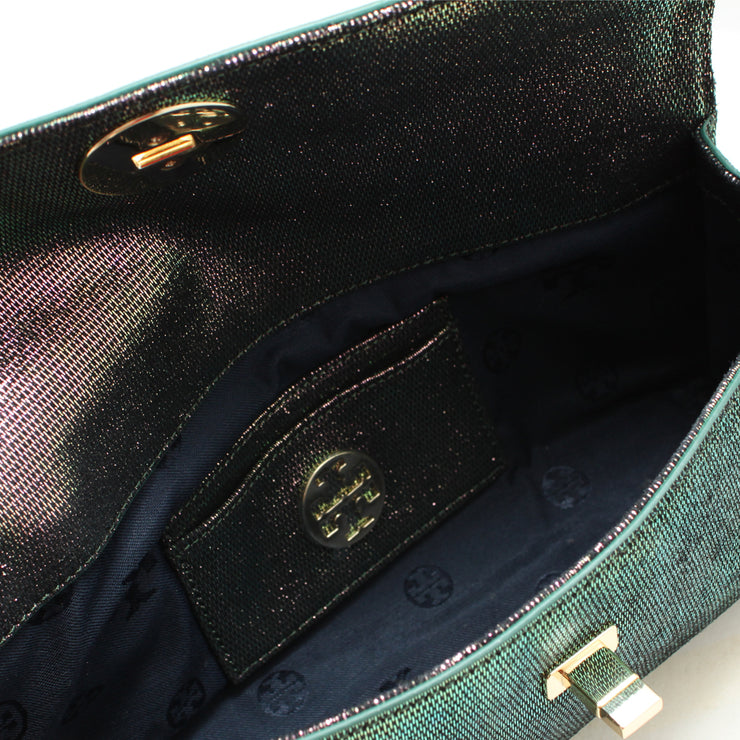 Tory Burch Austin Iridescent Flap Clutch Bag- Green Metal
