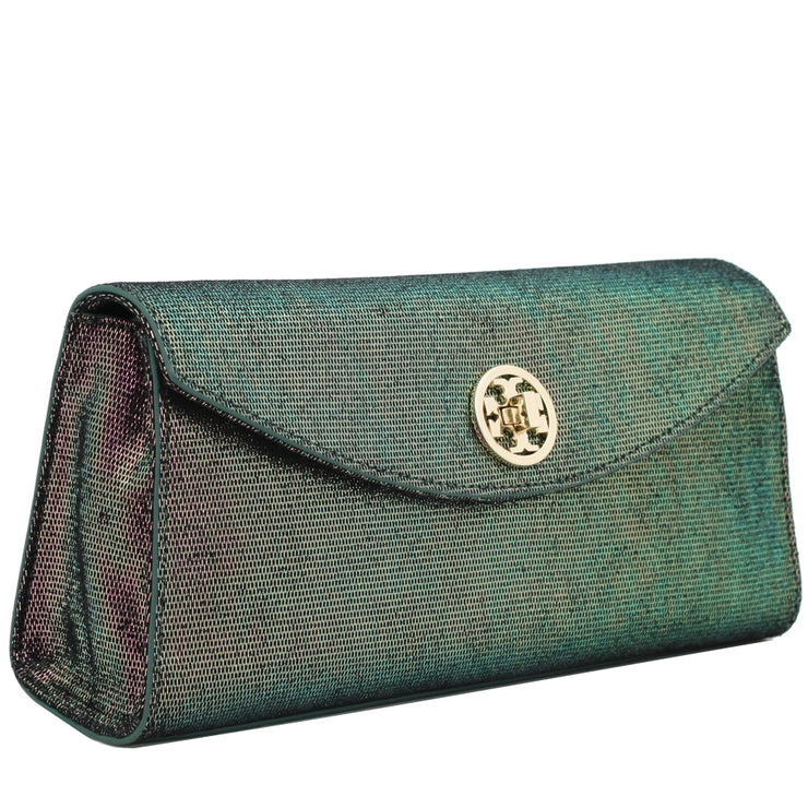 Tory Burch Austin Iridescent Flap Clutch Bag- Green Metal