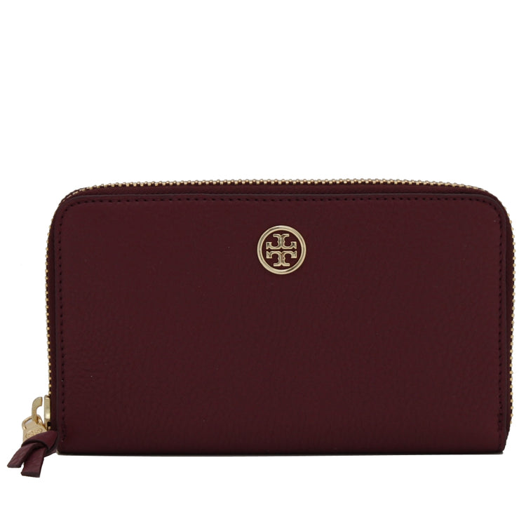 Tory Burch Robinson Pebbled Large Zip Continental Wallet- Deep Berry