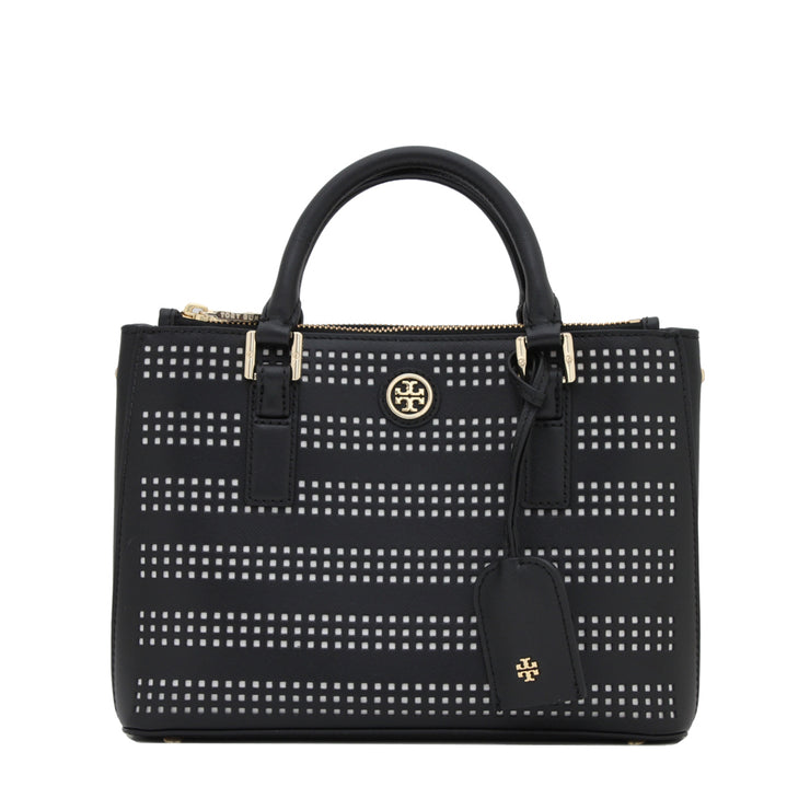 Tory Burch Robinson Perforated Micro Double Zip Tote Bag- Black-Birch