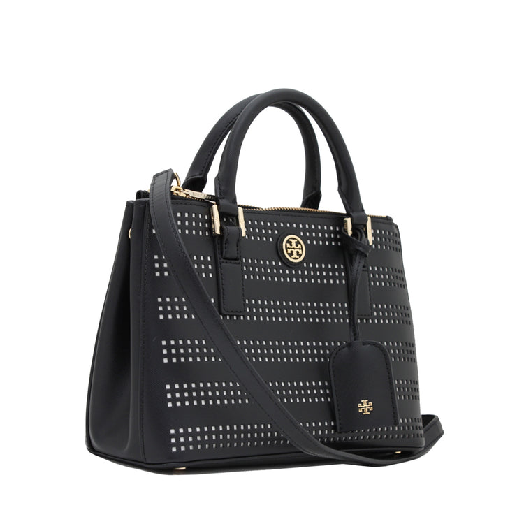 Tory Burch Robinson Perforated Micro Double Zip Tote Bag- Black-Birch