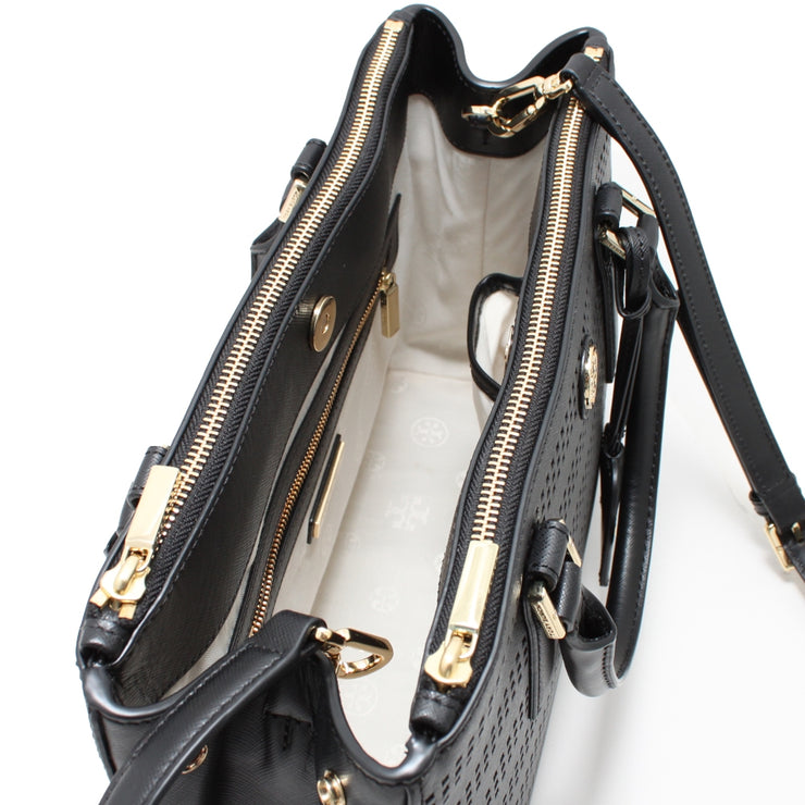 Tory Burch Robinson Perforated Mini Double Zip Tote Bag- Black-Birch