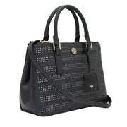 Tory Burch Robinson Perforated Mini Double Zip Tote Bag- Black-Birch