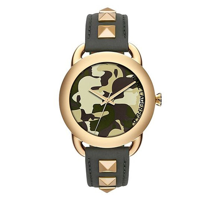 Karl Lagerfeld Watch KL2208- Karl Pop Gold-Tone Studded Green Leather Ladies Watch