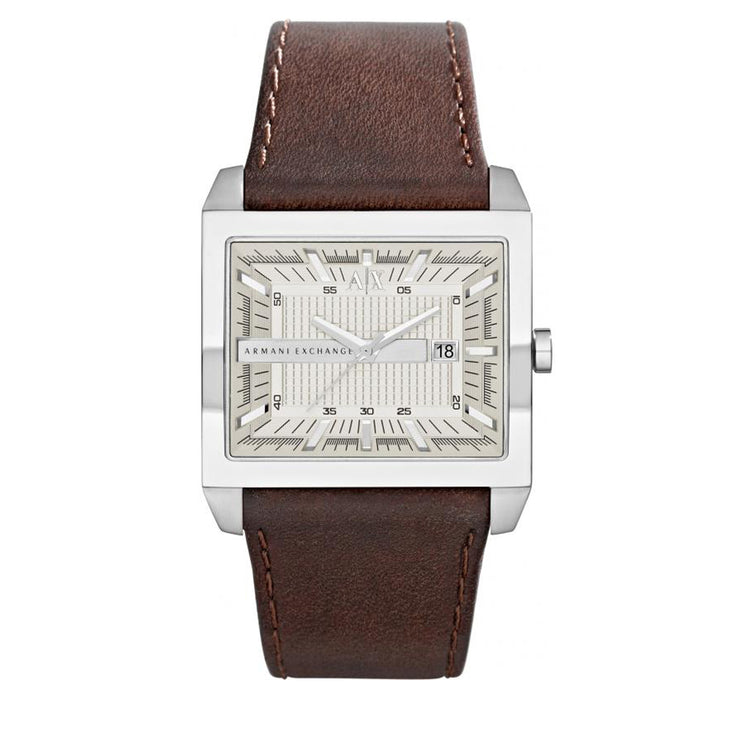 Armani Exchange Watch AX2204- Brown Leather Square Silver Dial Men Watch