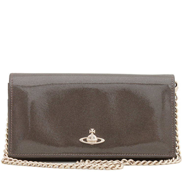 Vivienne Westwood Saffiano Patent Long Wallet with Chain- Pewter