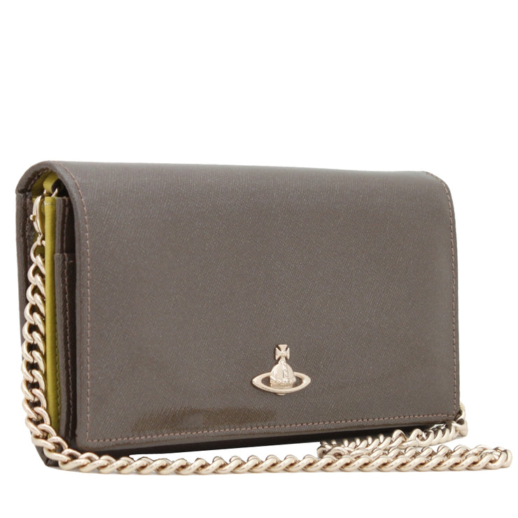 Vivienne Westwood Saffiano Patent Long Wallet with Chain- Pewter