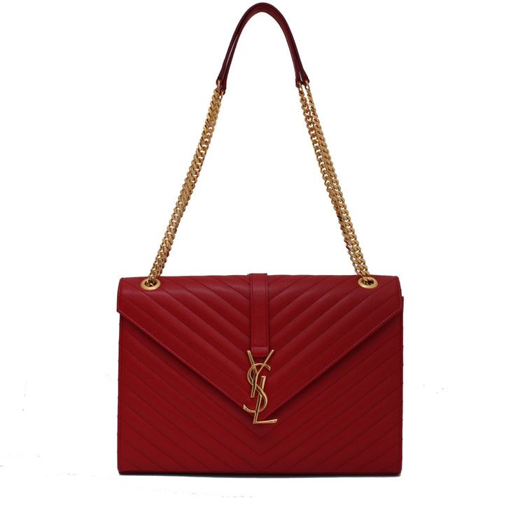 Saint Laurent Classic Large Monogram Textured Leather Satchel Bag- Lipstick Red