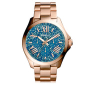 Fossil Watch AM4594- Cecile Multifunction Rose Gold Stainless Steel Blue Glitz Dial Ladies Watch
