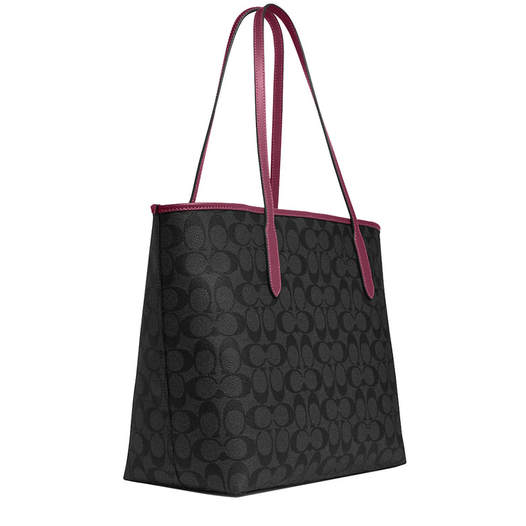 Coach City Tote Bag In Signature Canvas in Graphite/ Black Cherry 5696