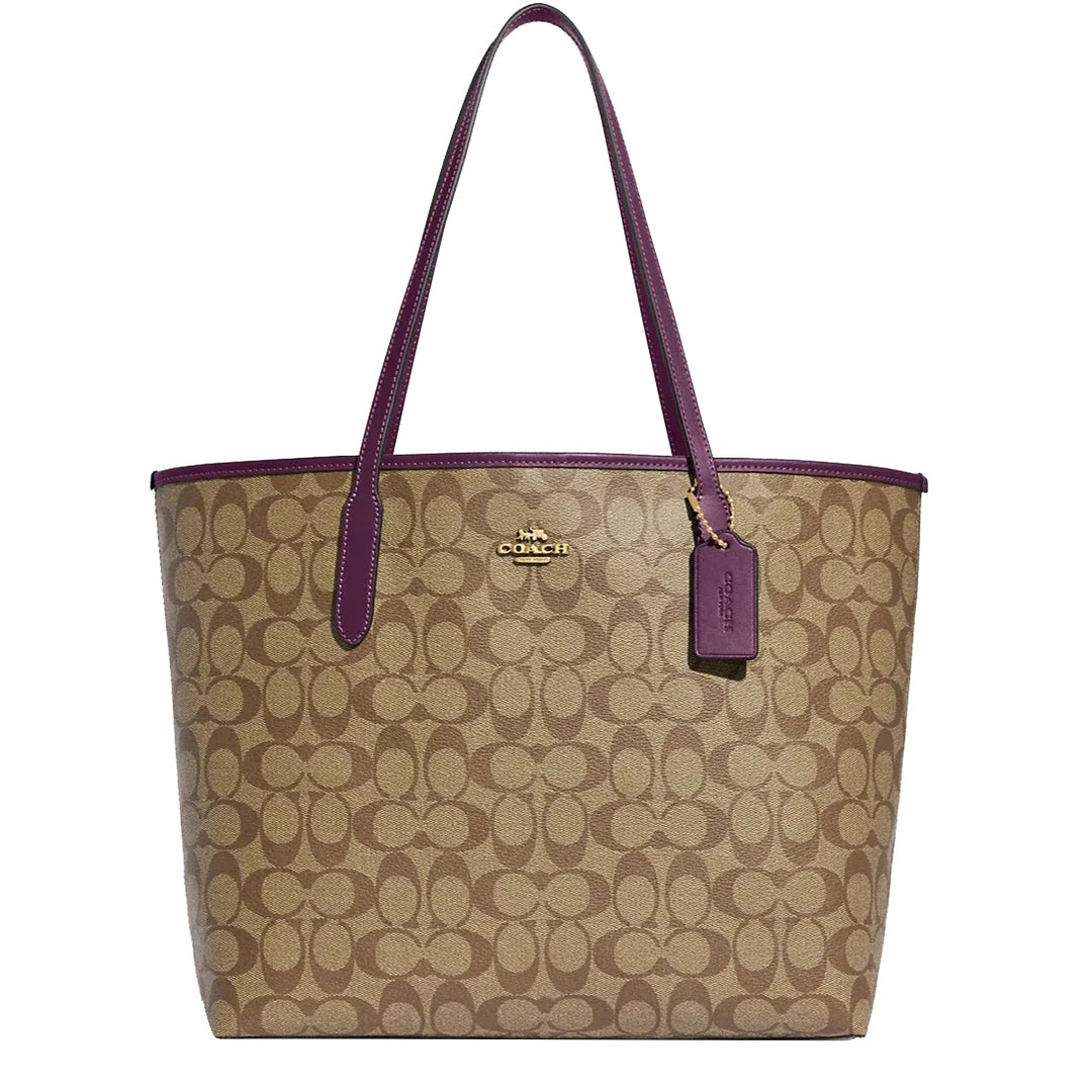 Buy Coach City Tote Bag In Signature Canvas in Khaki/ Boysenberry