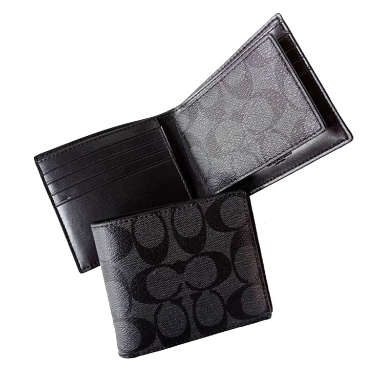 Coach Compact ID Wallet in Signature Canvas in Charcoal/ Black F74993