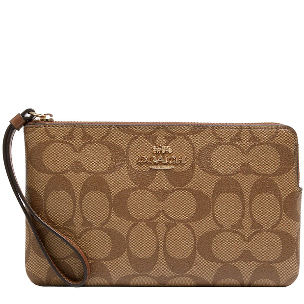 Coach Large Corner Zip Wristlet In Signature Canvas in Khaki/ Saddle 2 6648