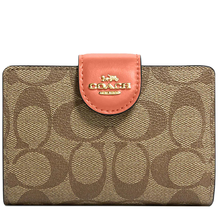 Coach Medium Corner Zip Wallet in Signature Canvas in Khaki/ Light Coral C0082