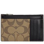 Coach Zip Card Case in Blocked Signature Canvas in Mahogany/ Khaki C9995