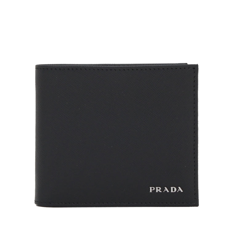 Prada 2M0738 Men's Saffiano Leather Bi-Colour Bifold Wallet with Coin Pouch & Logo- Black-Mercury
