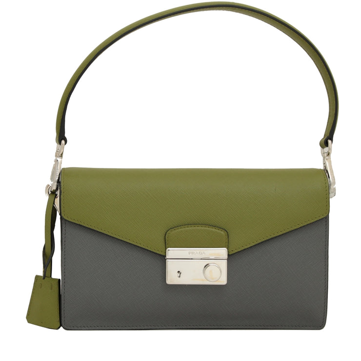 Prada BN924K Saffiano Lux Leather Flap Shoulder Bag- Mercurio- Edera