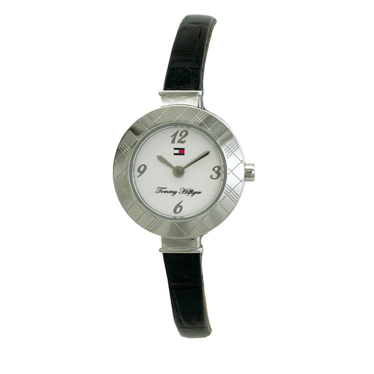 Ladies Black Leather Dress Watch w Round Silver Checked-Pattern Dial