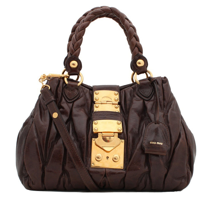 Miu Miu Matelasse Braided Handle Convertible Bag- Dark Brown