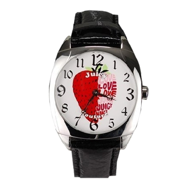 Ladies Black Leather Strap Watch w Strawberry Juicy Love Dial