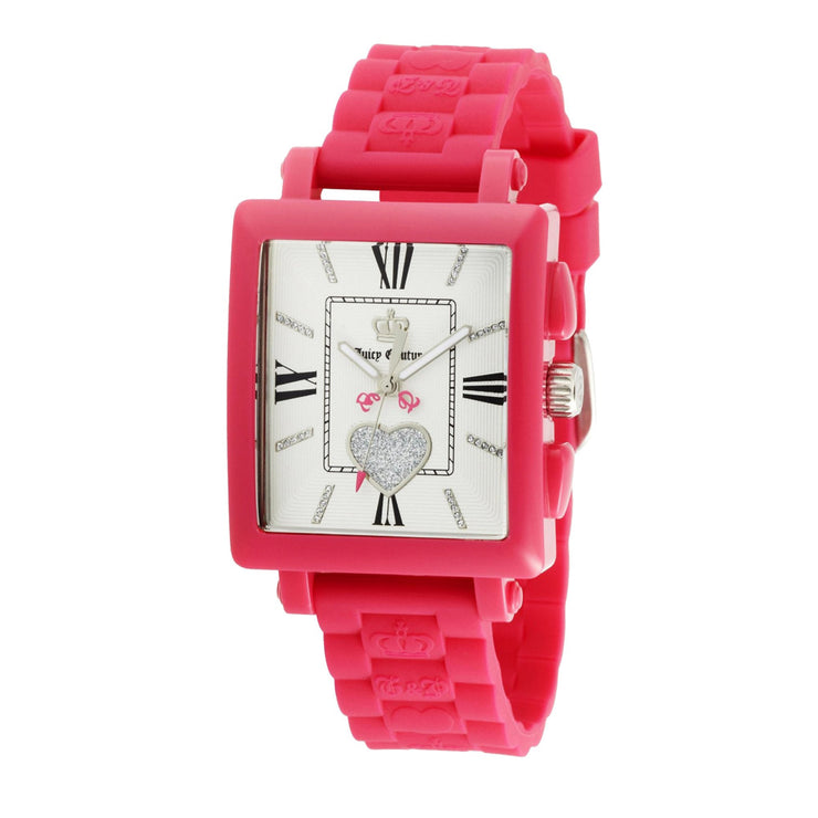 Ladies Pink Silicon Strap Watch w Crystal Heart Rectangular Dial